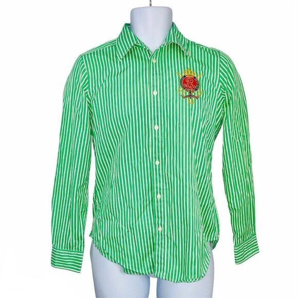 Ralph Lauren Dress Shirt Womens 8 Green White Striped Crest Button Up - Picture 1 of 10